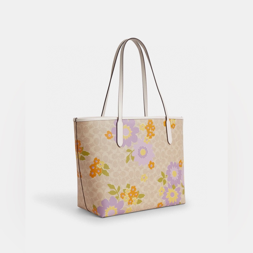 NWT COACH City Tote Bag Signature Canvas With Floral Print Silver/Sand - Picture 7 of 9